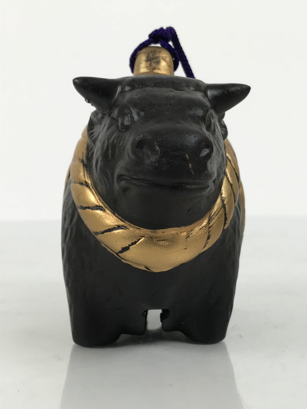 Japanese Clay Bell Dorei Cow Vtg Tsuchi-Suzu Zodiac Animal Ushi Black Gold DR678