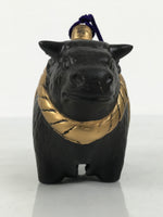 Japanese Clay Bell Dorei Cow Vtg Tsuchi-Suzu Zodiac Animal Ushi Black Gold DR678