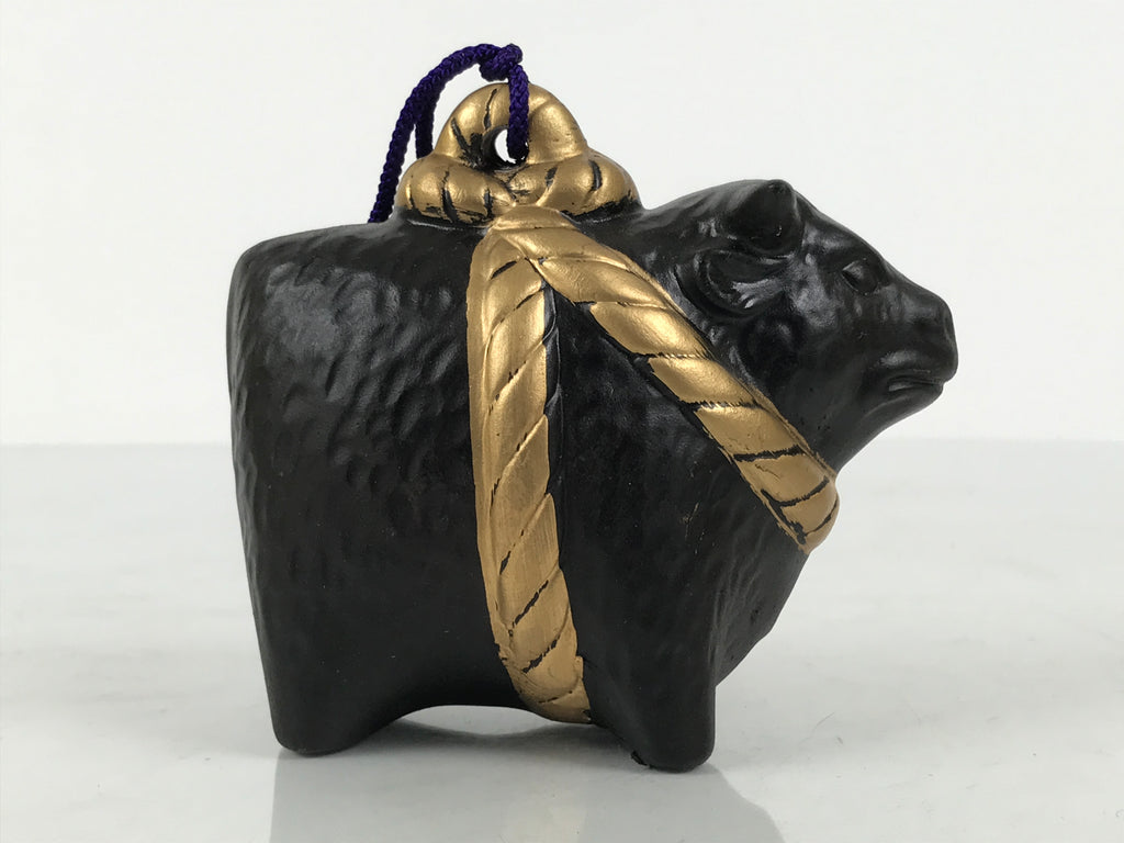 Japanese Clay Bell Dorei Cow Vtg Tsuchi-Suzu Zodiac Animal Ushi Black Gold DR678