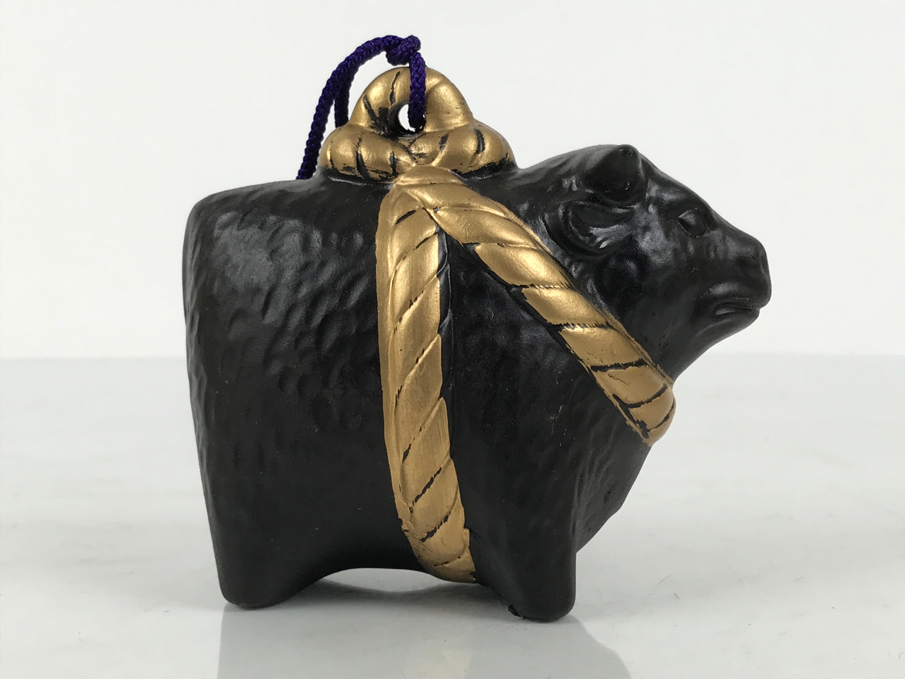 Japanese Clay Bell Dorei Cow Vtg Tsuchi-Suzu Zodiac Animal Ushi Black Gold DR678
