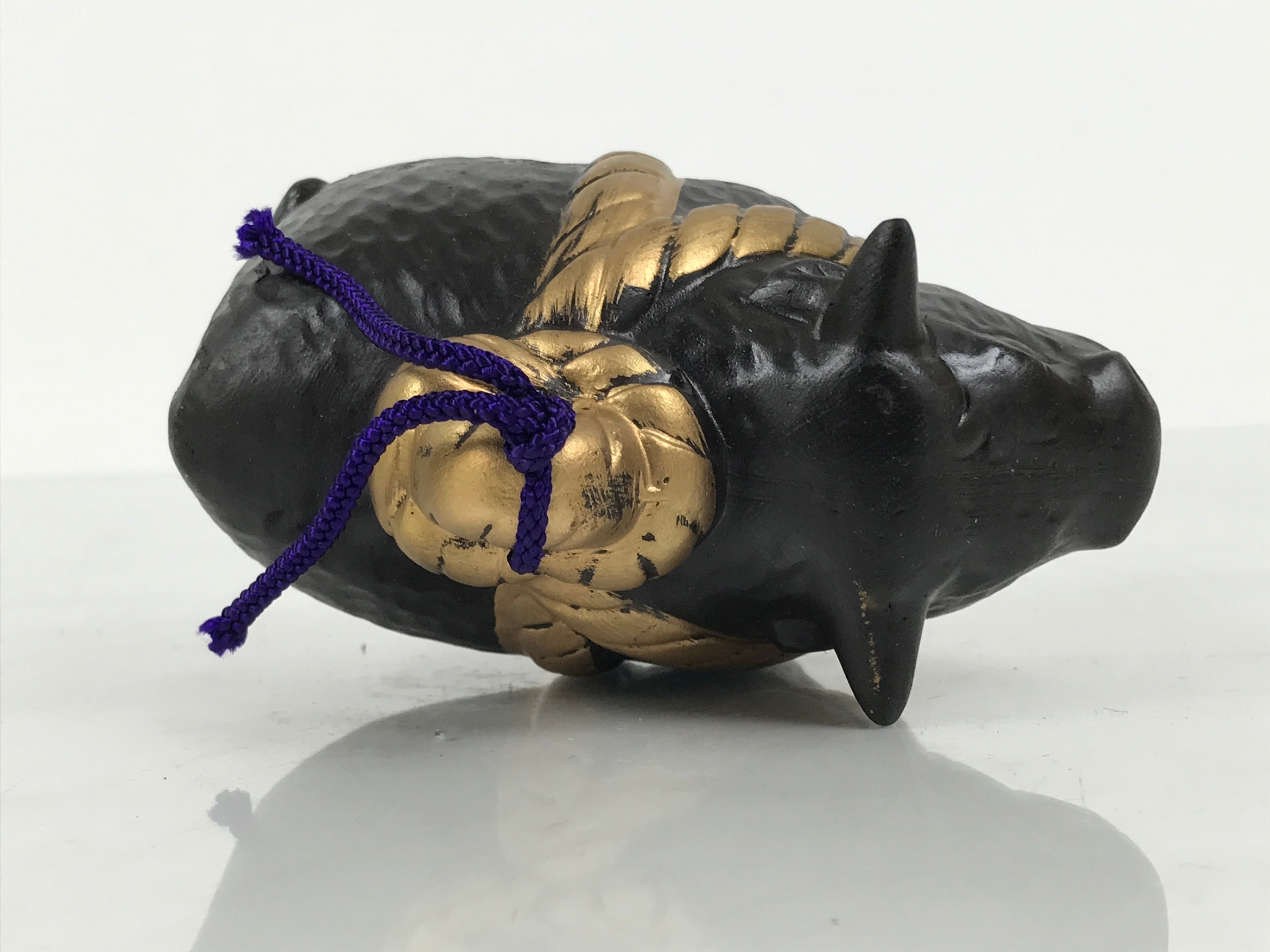 Japanese Clay Bell Dorei Cow Vtg Tsuchi-Suzu Zodiac Animal Ushi Black Gold DR678