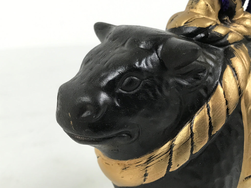 Japanese Clay Bell Dorei Cow Vtg Tsuchi-Suzu Zodiac Animal Ushi Black Gold DR678