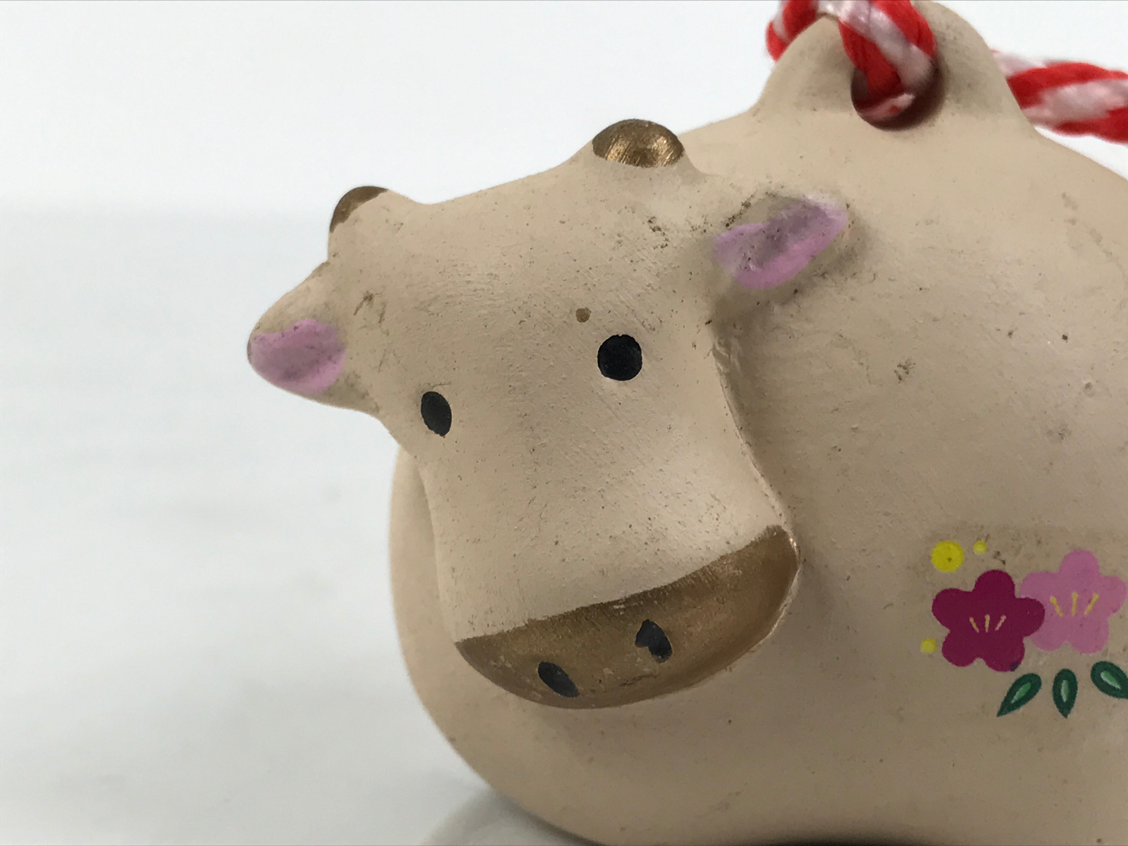 Japanese Clay Bell Dorei Cow Vtg Tsuchi-Suzu Zodiac Animal Ushi Brown Gold DR682