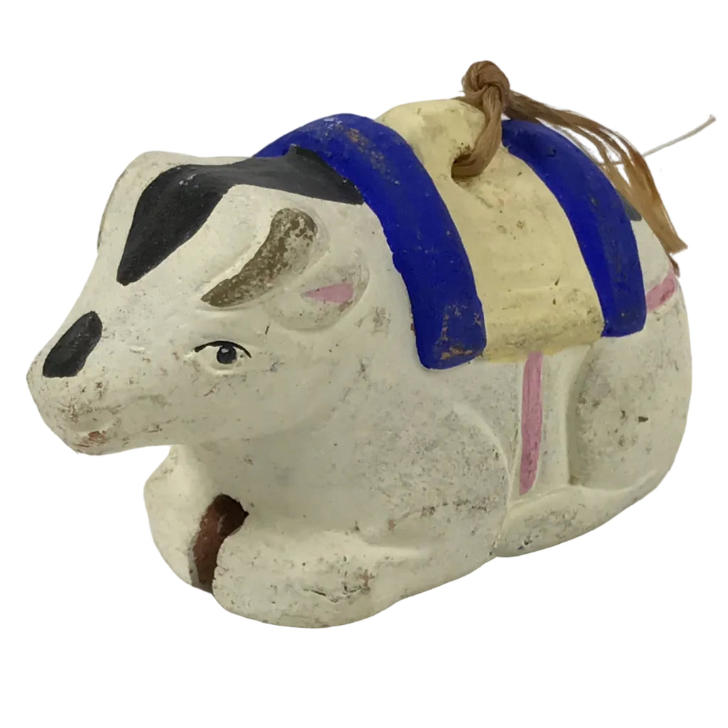 Japanese Clay Bell Dorei Cow Vtg Tsuchi-Suzu Zodiac Animal Ushi White DR628