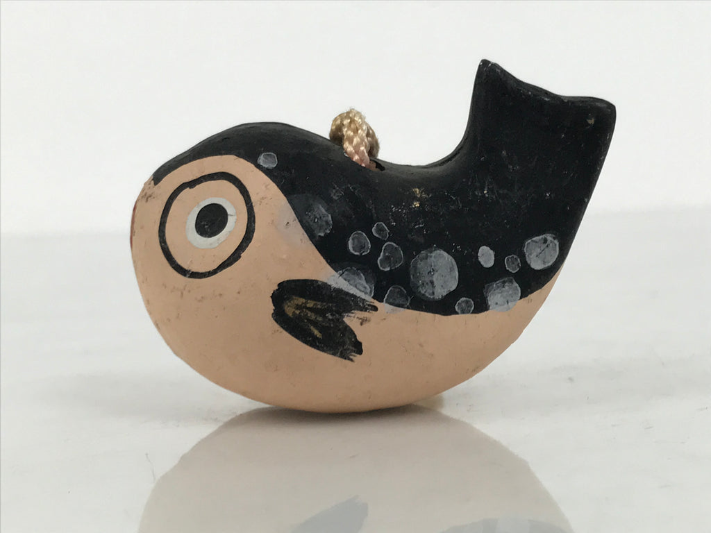Japanese Clay Bell Dorei Puffer Fish Vtg Tsuchi-Suzu Fugu Black Brown DR674