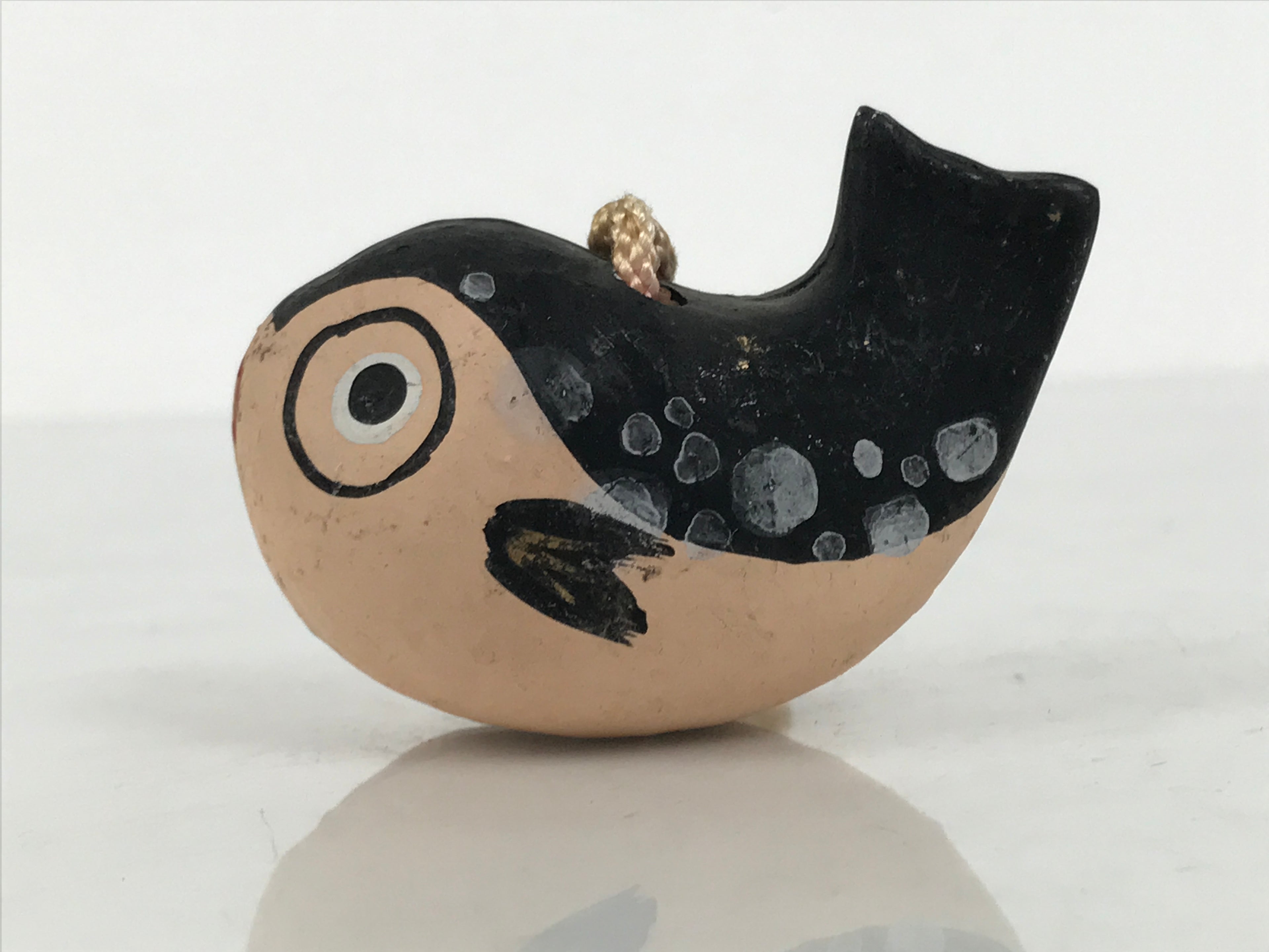 Japanese Clay Bell Dorei Puffer Fish Vtg Tsuchi-Suzu Fugu Black Brown DR674