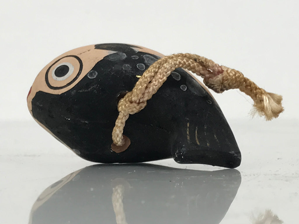 Japanese Clay Bell Dorei Puffer Fish Vtg Tsuchi-Suzu Fugu Black Brown DR674