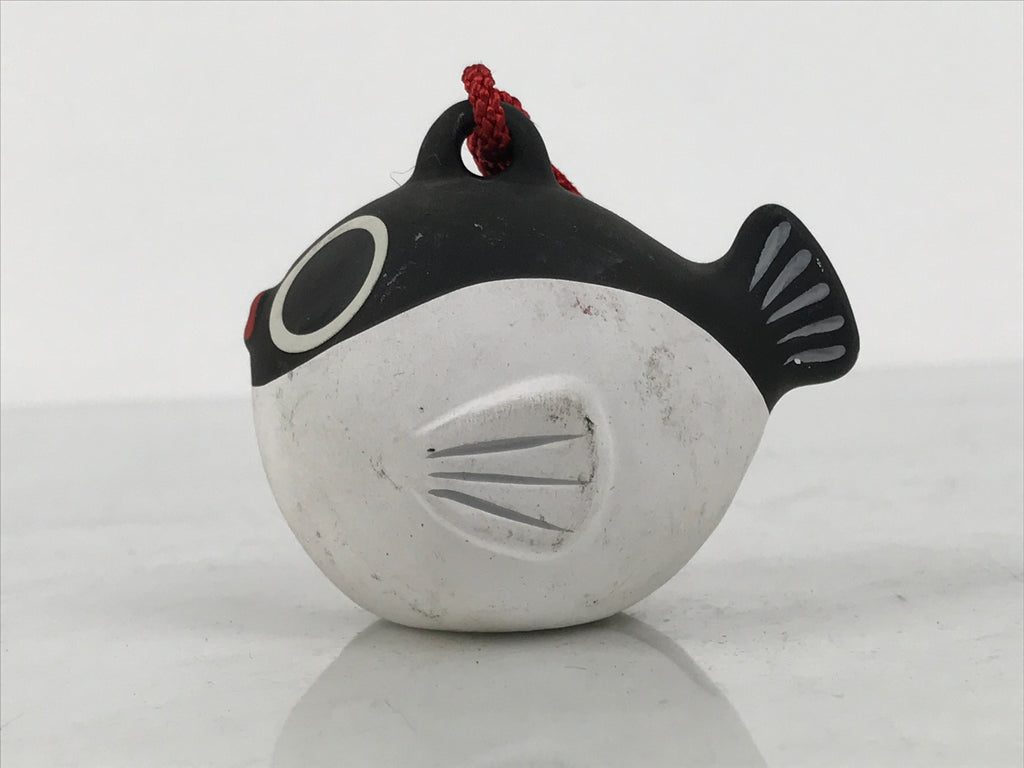 Japanese Clay Bell Dorei Puffer Fish Vtg Tsuchi-Suzu Fugu Black White DR675