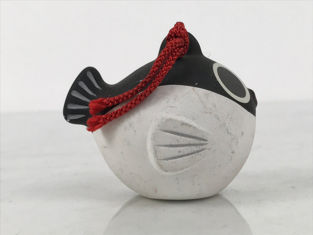 Japanese Clay Bell Dorei Puffer Fish Vtg Tsuchi-Suzu Fugu Black White DR675