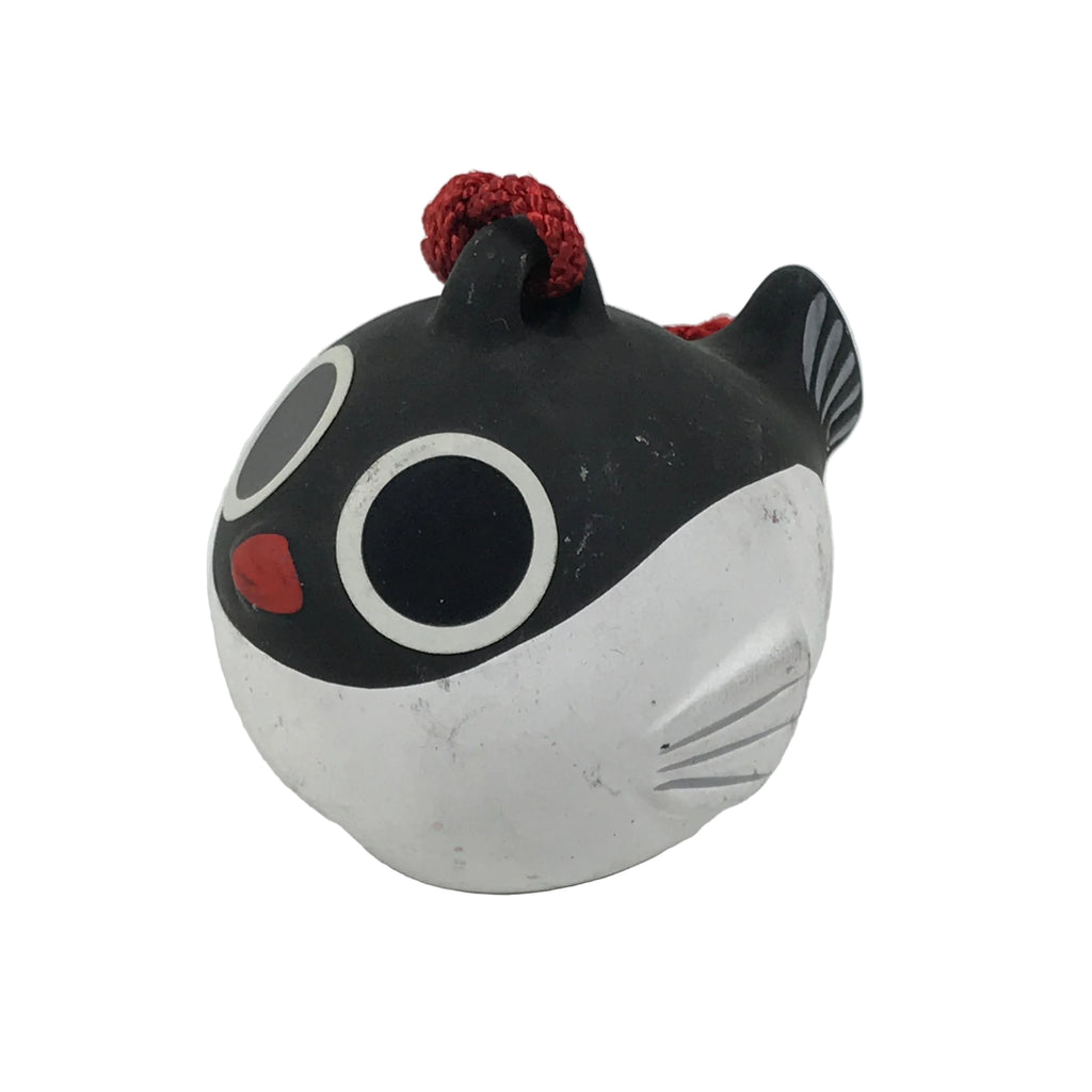 Japanese Clay Bell Dorei Puffer Fish Vtg Tsuchi-Suzu Fugu Black White DR675