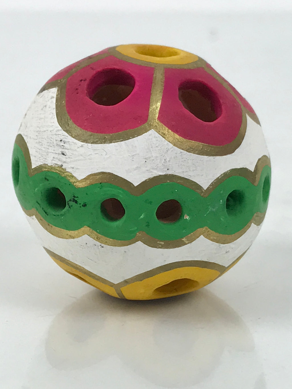 Japanese Clay Bell Dorei Temari Ball Vtg Tsuchi-Suzu Floral White Pink DR617