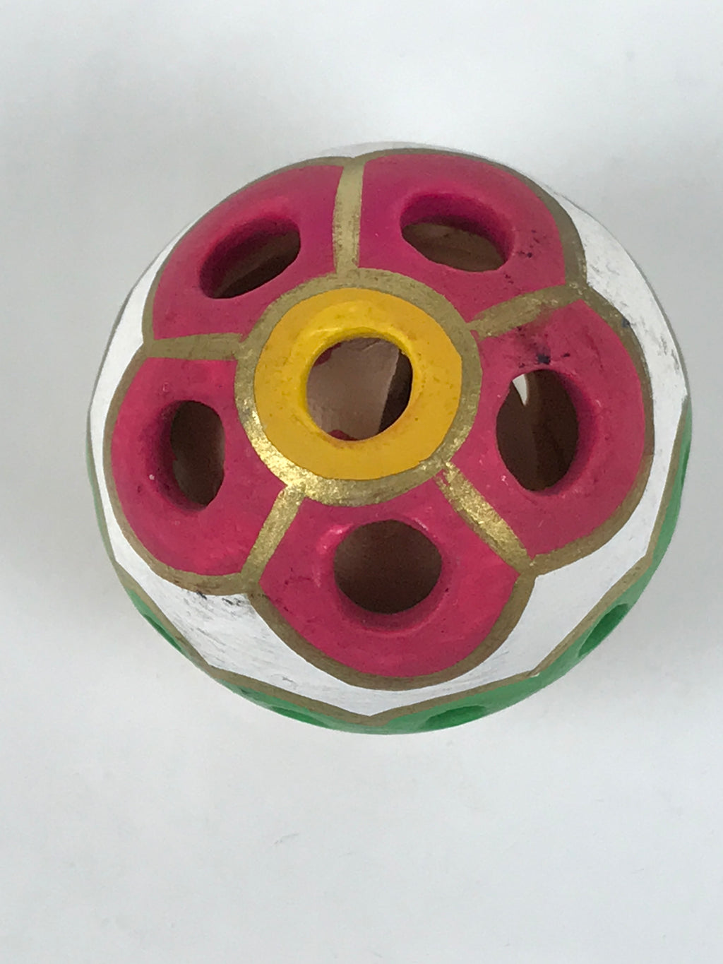Japanese Clay Bell Dorei Temari Ball Vtg Tsuchi-Suzu Floral White Pink DR617