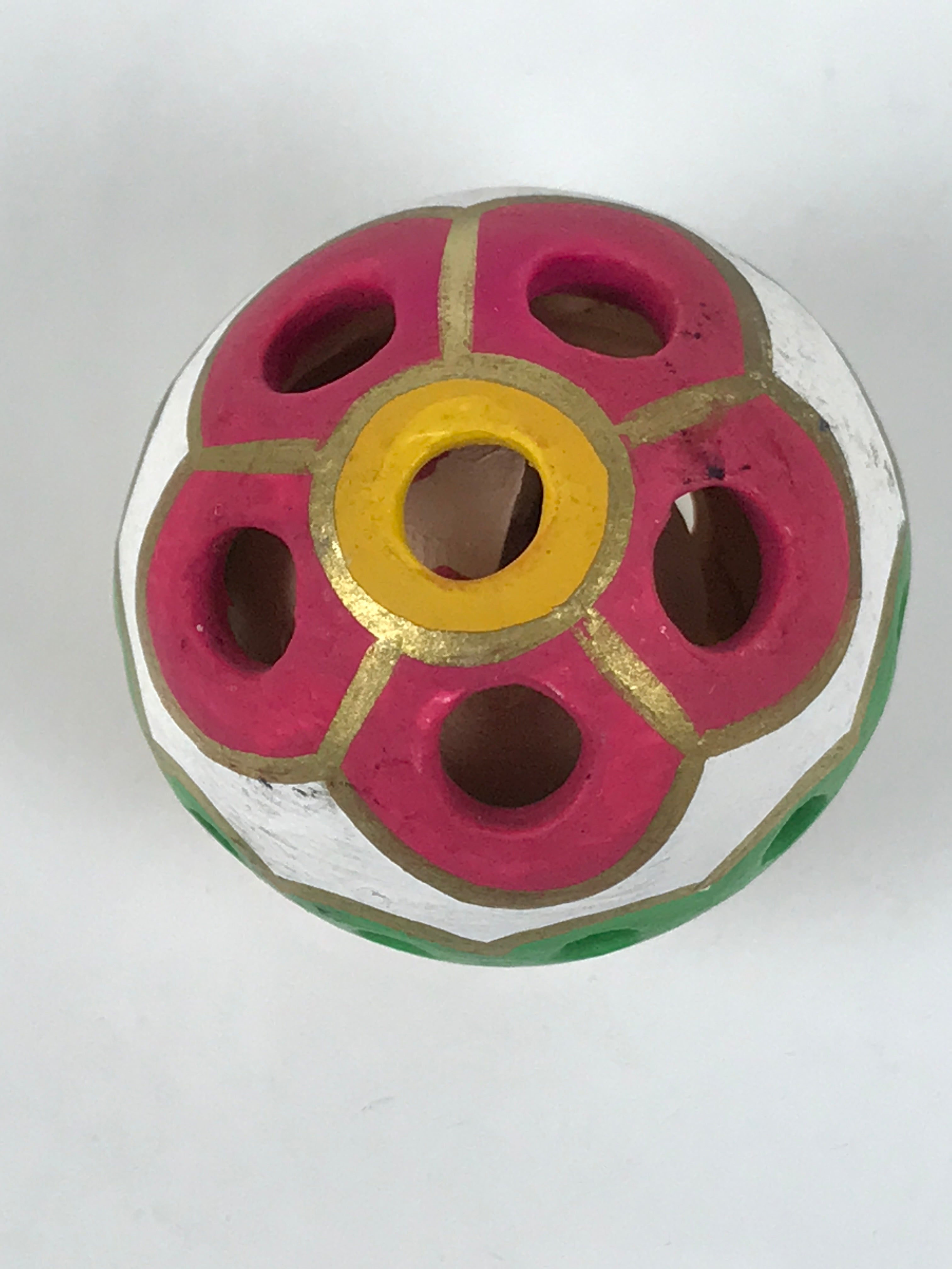 Japanese Clay Bell Dorei Temari Ball Vtg Tsuchi-Suzu Floral White Pink DR617