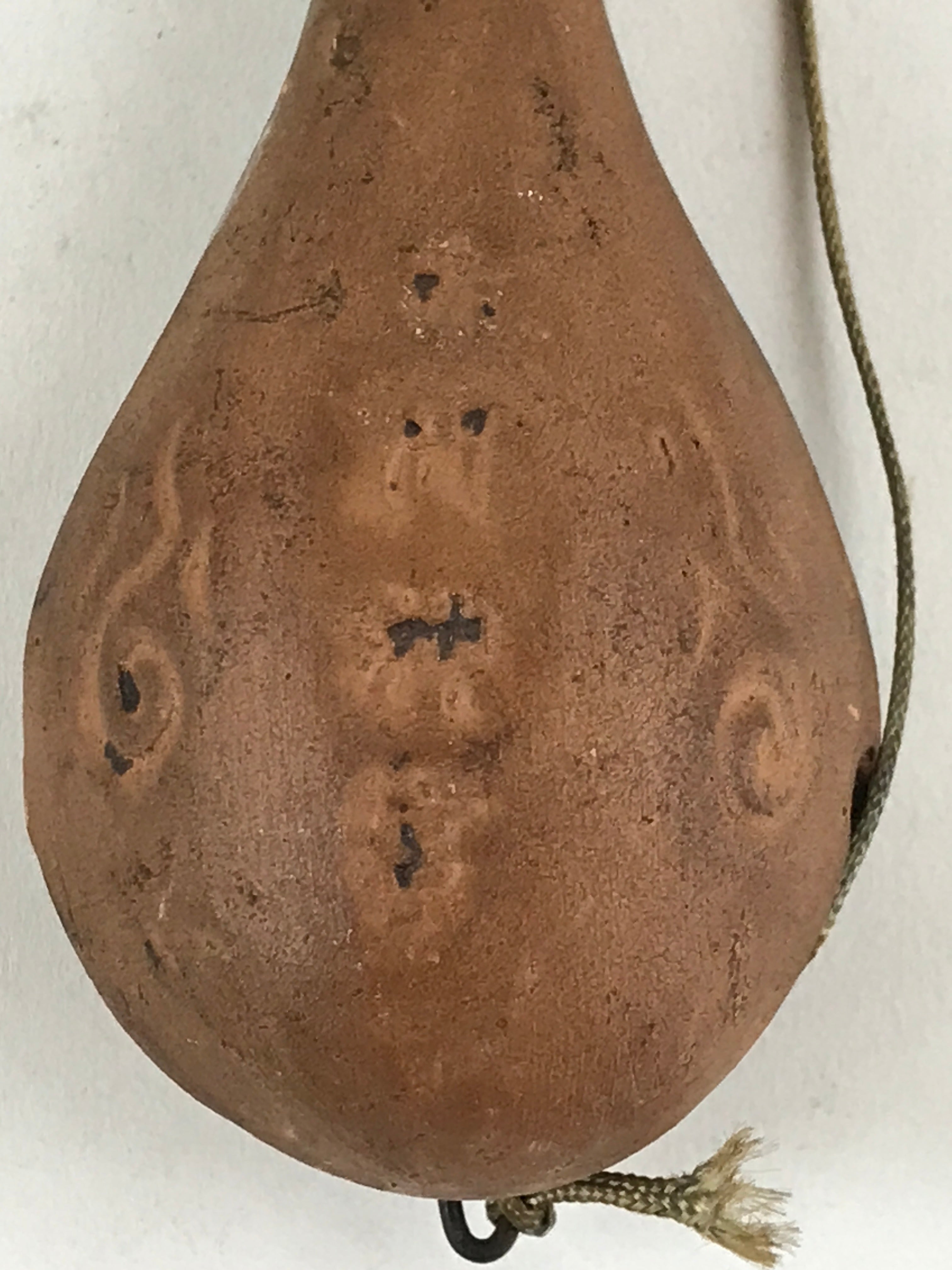 Japanese Clay Bell Dorei Tsuchi-Suzu Biwa Lute Vtg Kanji Brown Amulet DR481