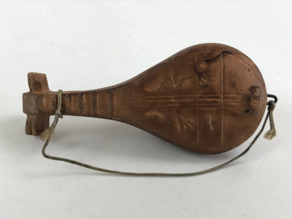 Japanese Clay Bell Dorei Tsuchi-Suzu Biwa Lute Vtg Kanji Brown Amulet DR481
