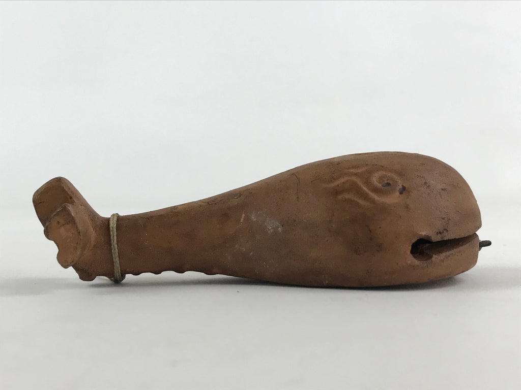 Japanese Clay Bell Dorei Tsuchi-Suzu Biwa Lute Vtg Kanji Brown Amulet DR481