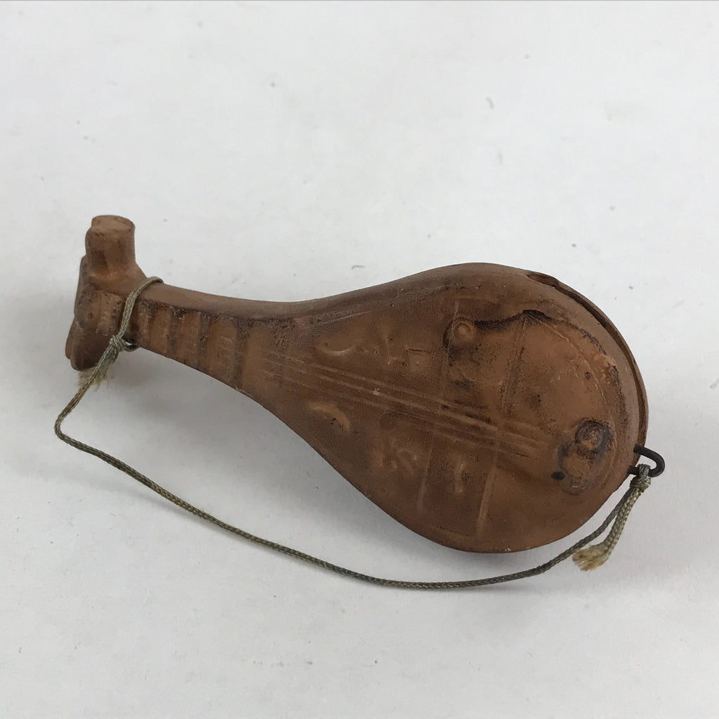 Japanese Clay Bell Dorei Tsuchi-Suzu Biwa Lute Vtg Kanji Brown Amulet DR481