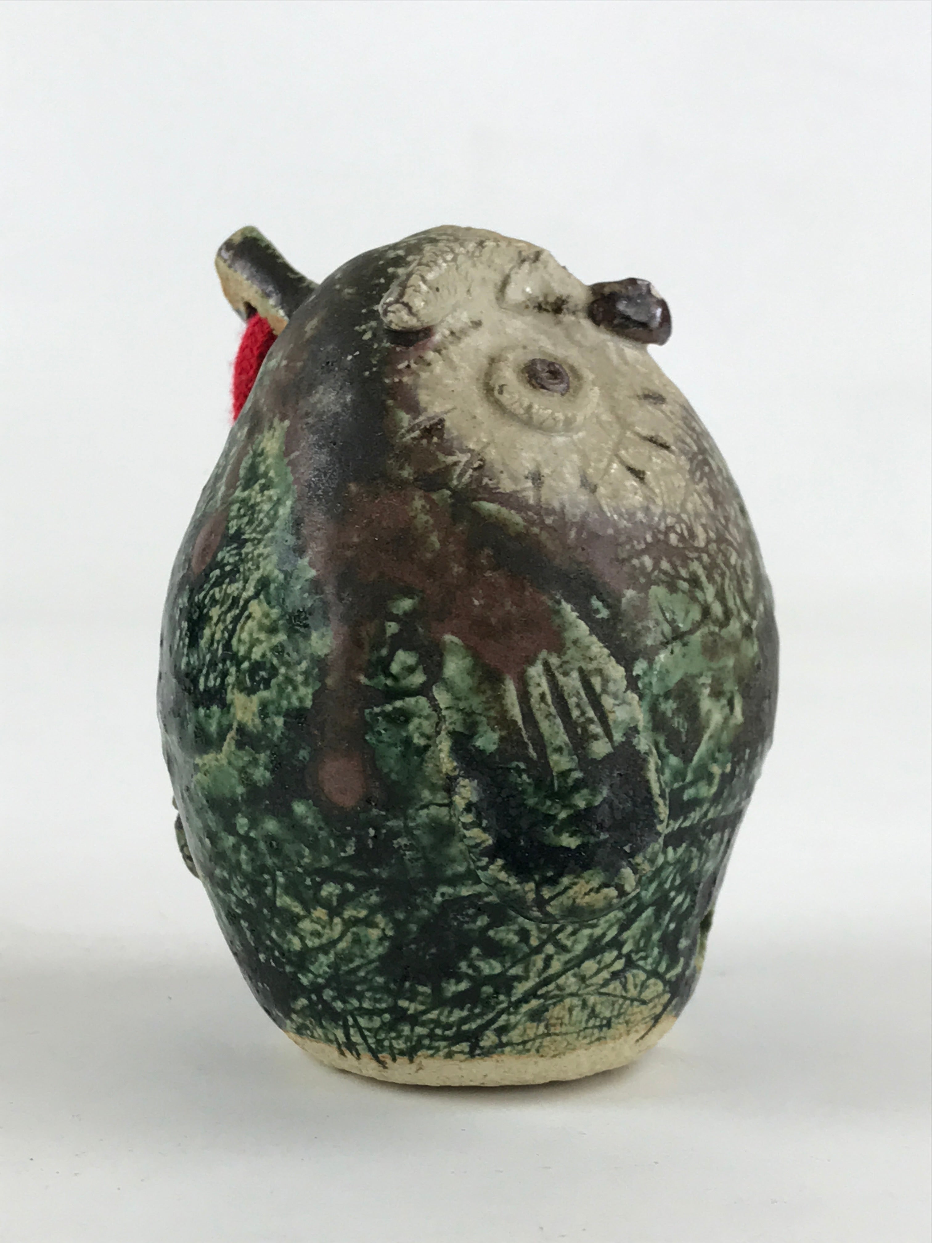 Japanese Clay Bell Dorei Tsuchi-Suzu Owl Vtg Green String Amulet DR473