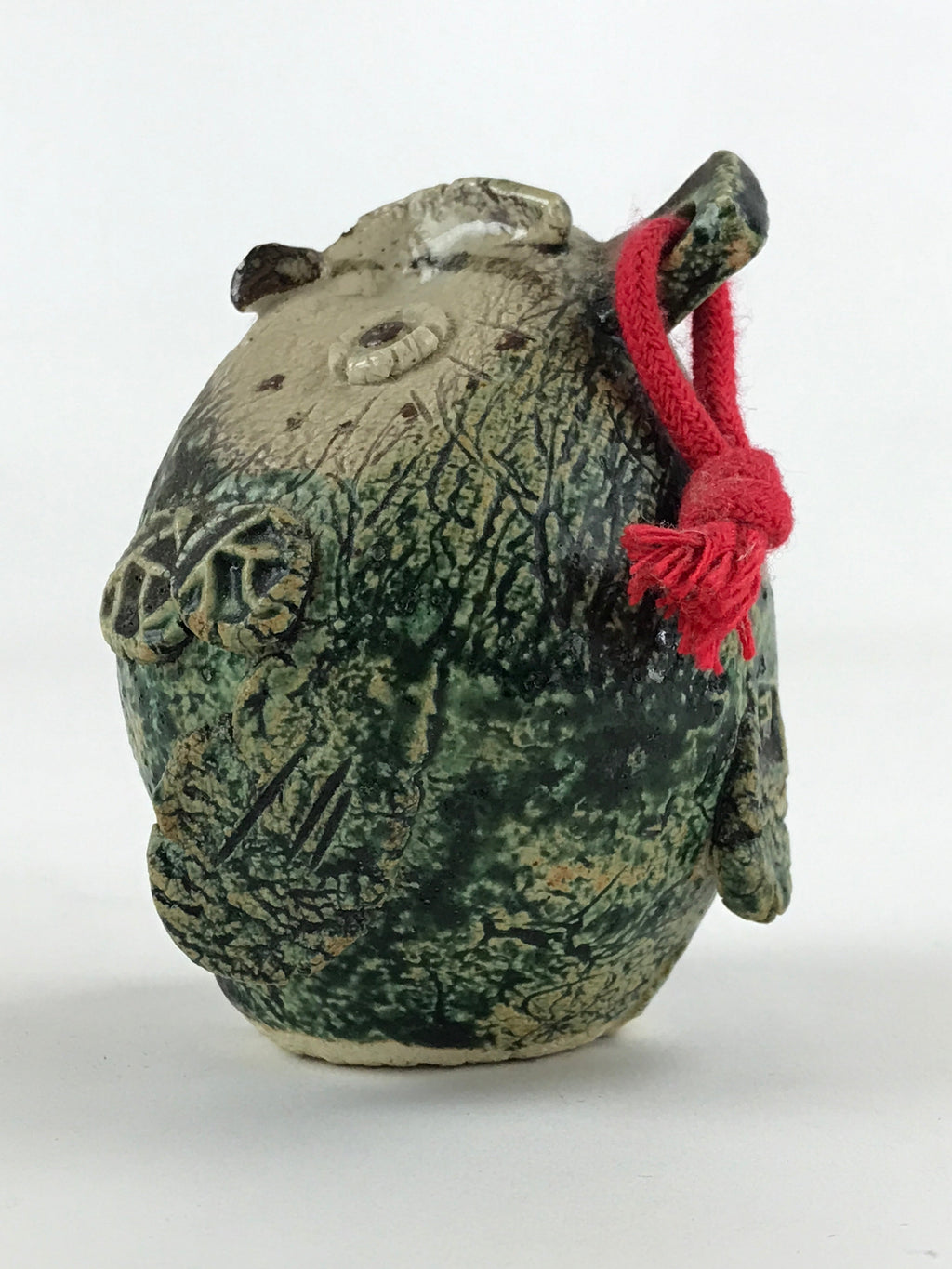 Japanese Clay Bell Dorei Tsuchi-Suzu Owl Vtg Green String Amulet DR473