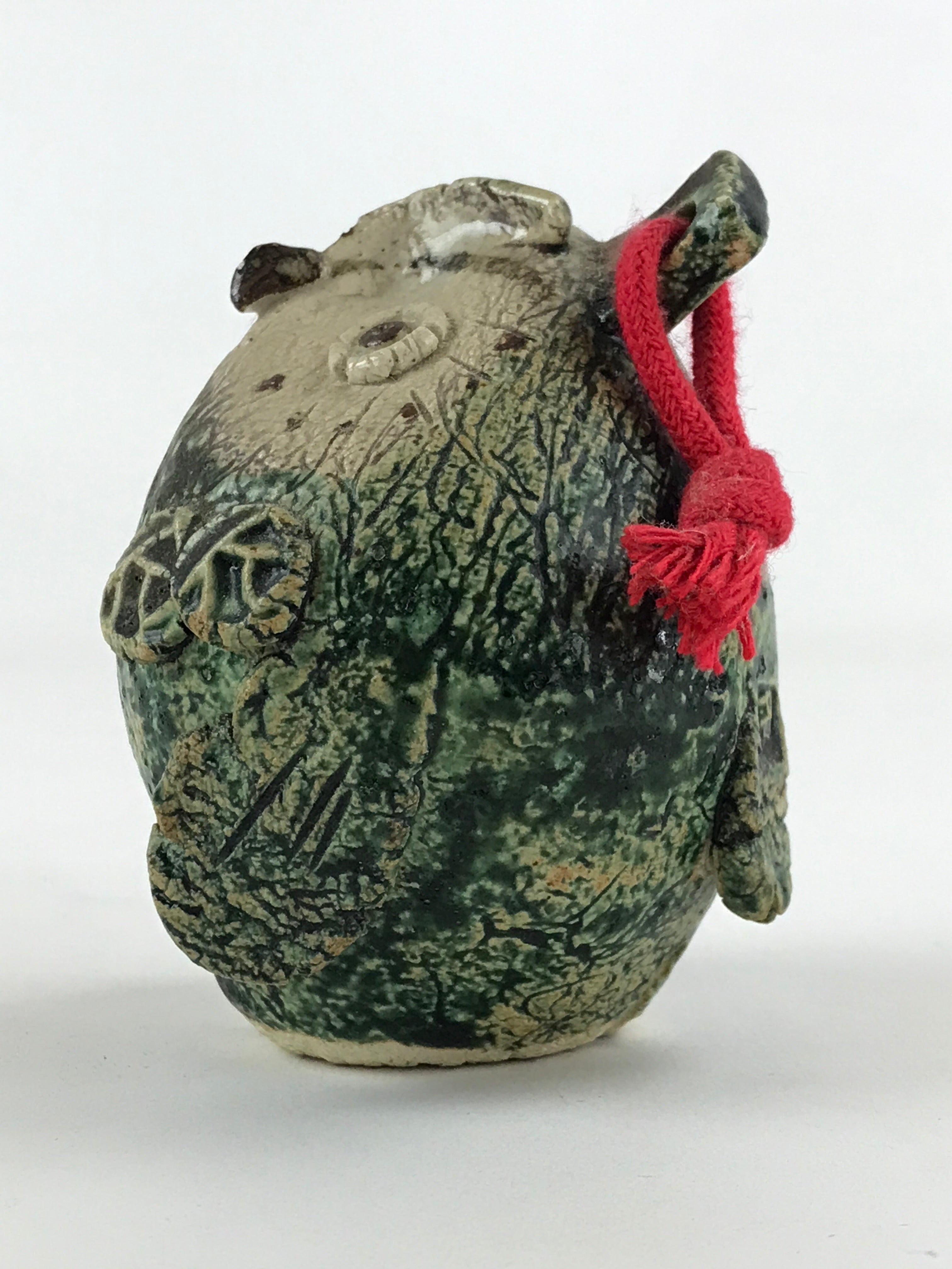 Japanese Clay Bell Dorei Tsuchi-Suzu Owl Vtg Green String Amulet DR473