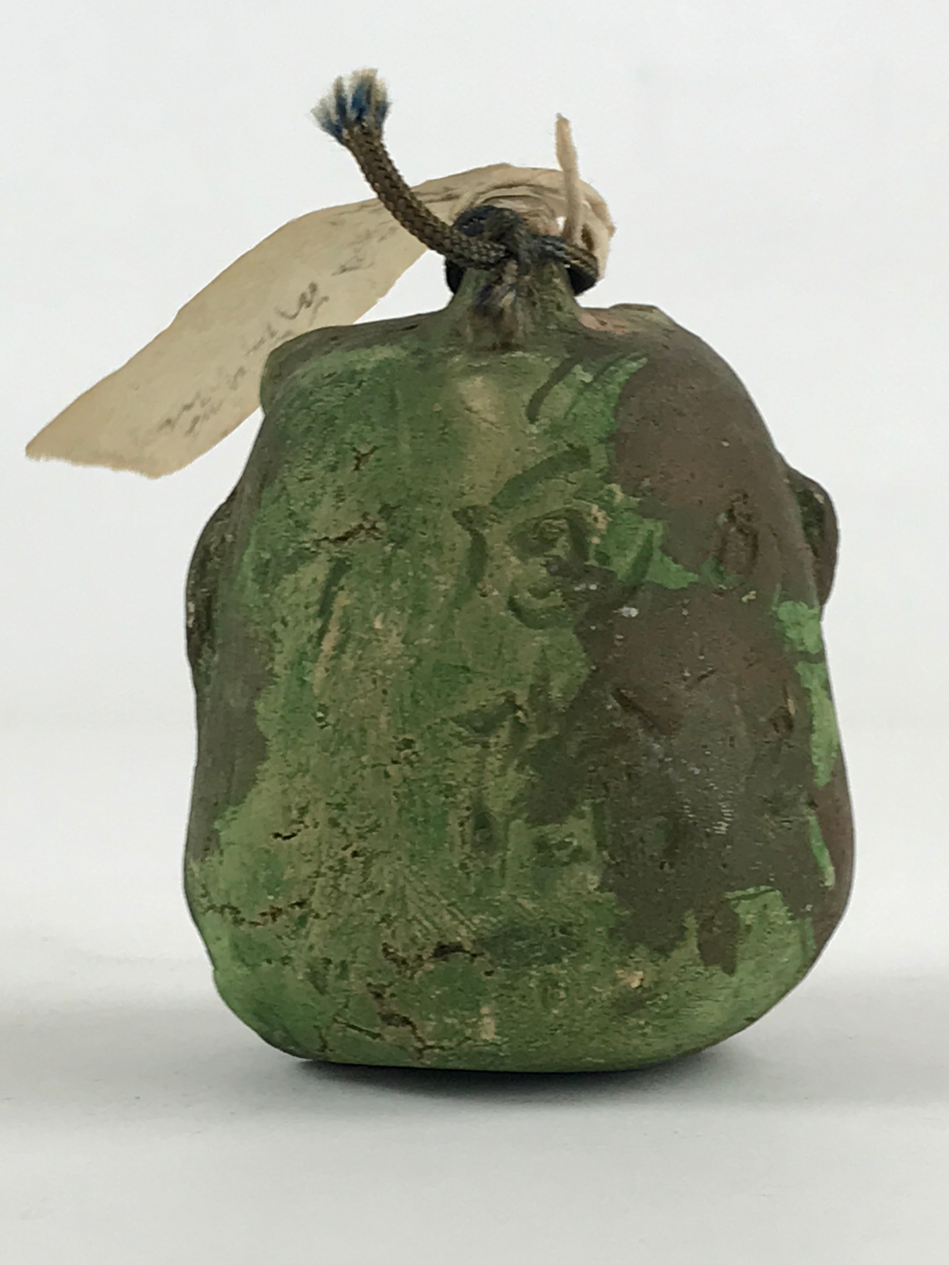 Japanese Clay Bell Dorei Tsuchi-Suzu Uramen Devil Mask Vtg Green Amulet DR474