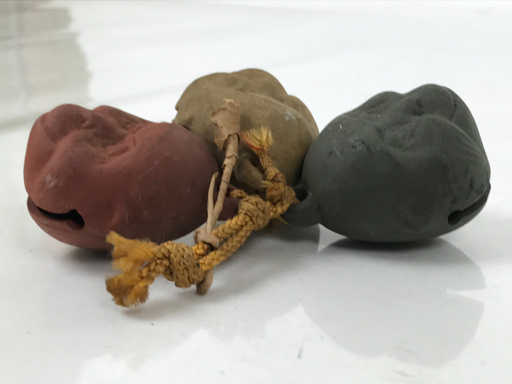 Japanese Clay Bell Dorei Vtg Tsuchi-Suzu 3 Wise Monkeys Face Round DR599