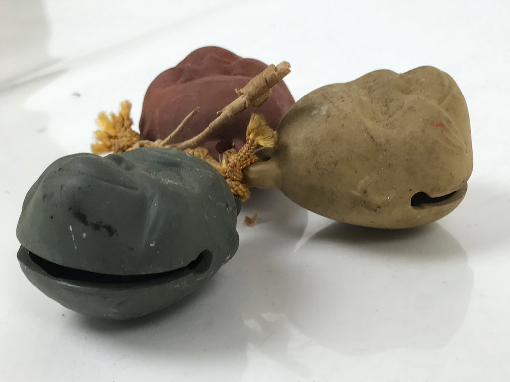 Japanese Clay Bell Dorei Vtg Tsuchi-Suzu 3 Wise Monkeys Face Round DR599
