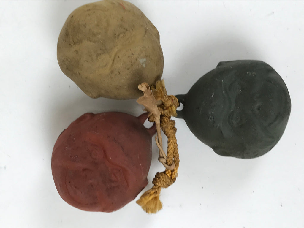 Japanese Clay Bell Dorei Vtg Tsuchi-Suzu 3 Wise Monkeys Face Round DR599