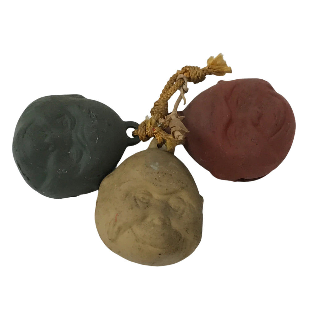 Japanese Clay Bell Dorei Vtg Tsuchi-Suzu 3 Wise Monkeys Face Round DR599