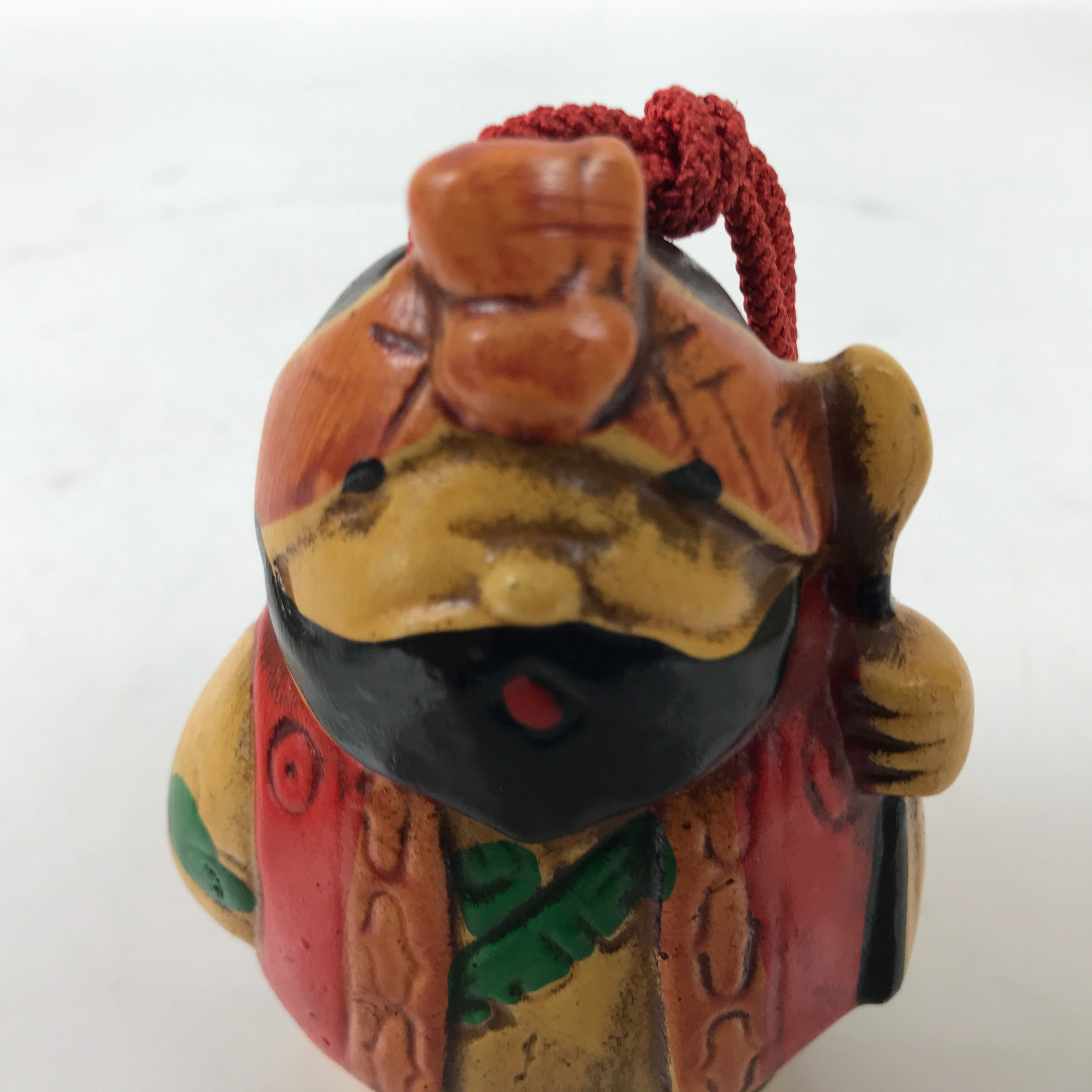 Japanese Clay Bell Dorei Vtg Tsuchi-Suzu Ainu Man Brown Red Green Beard DR542