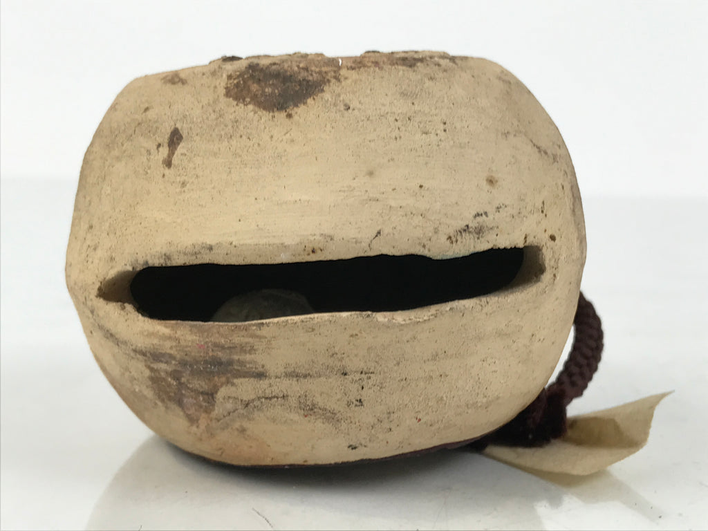 Japanese Clay Bell Dorei Vtg Tsuchi-Suzu Beige Brown Family Crest Castle DR655