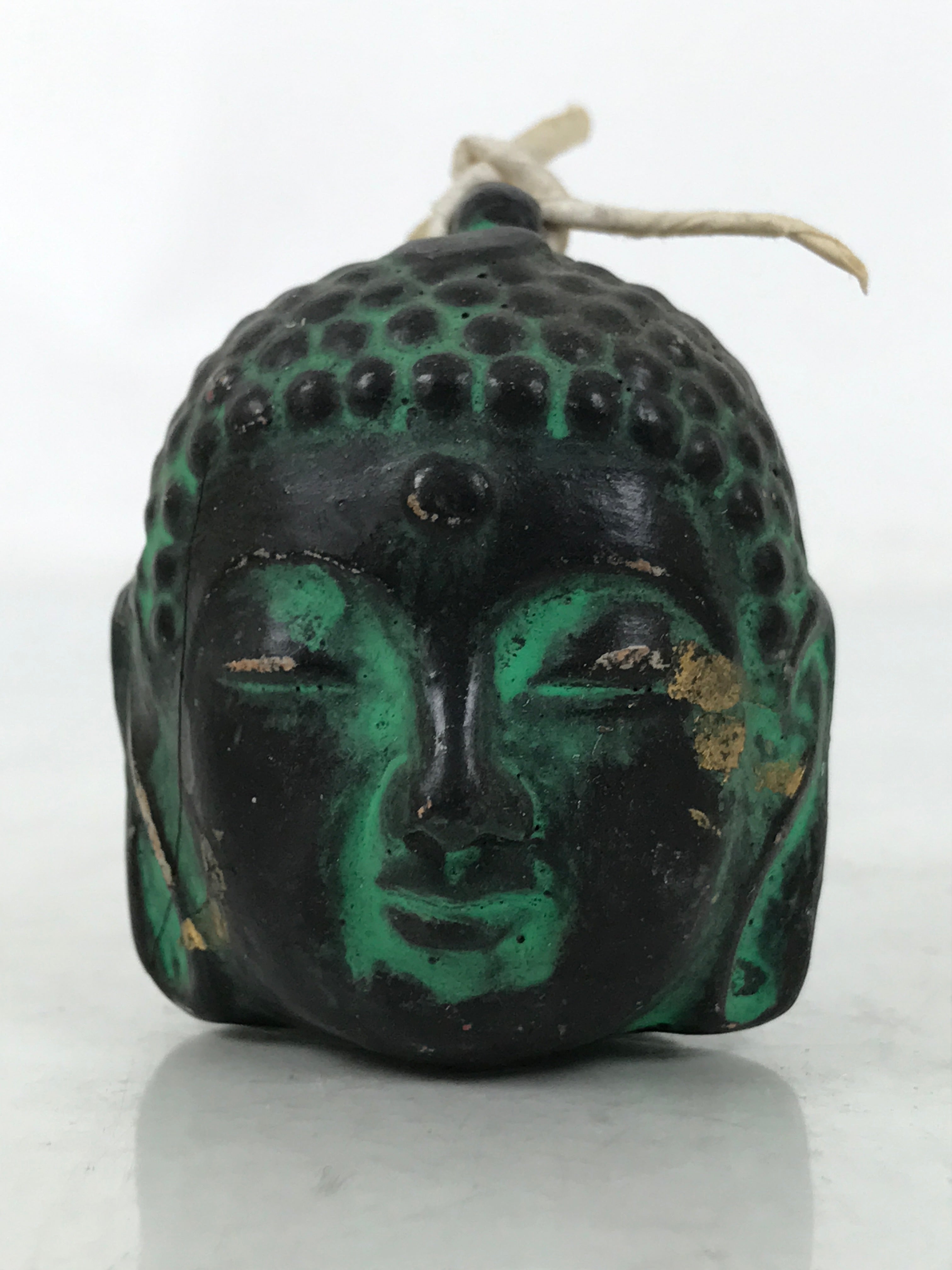Japanese Clay Bell Dorei Vtg Tsuchi-Suzu Buddha Face Buddhist Black Green DR586