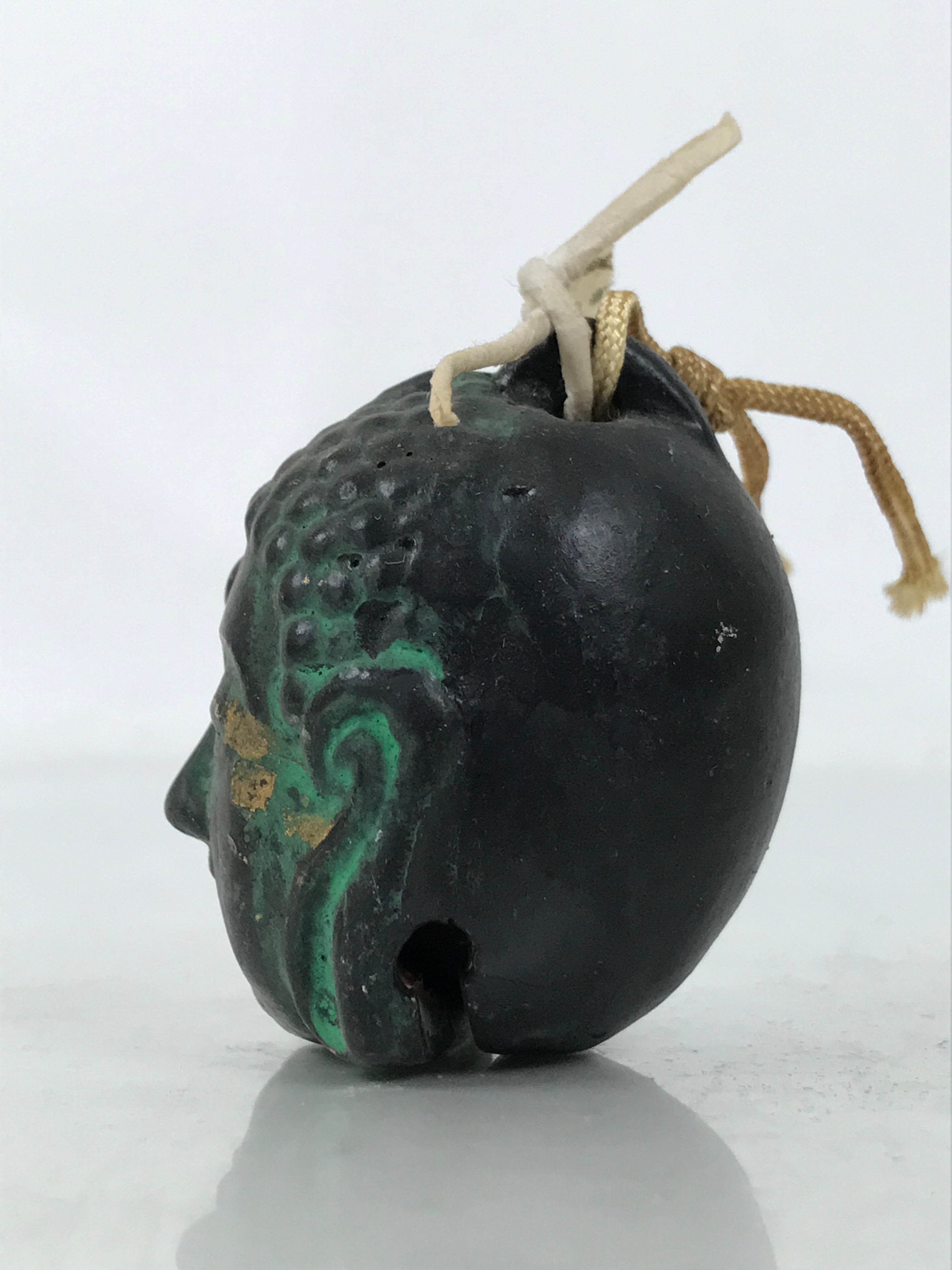 Japanese Clay Bell Dorei Vtg Tsuchi-Suzu Buddha Face Buddhist Black Green DR586