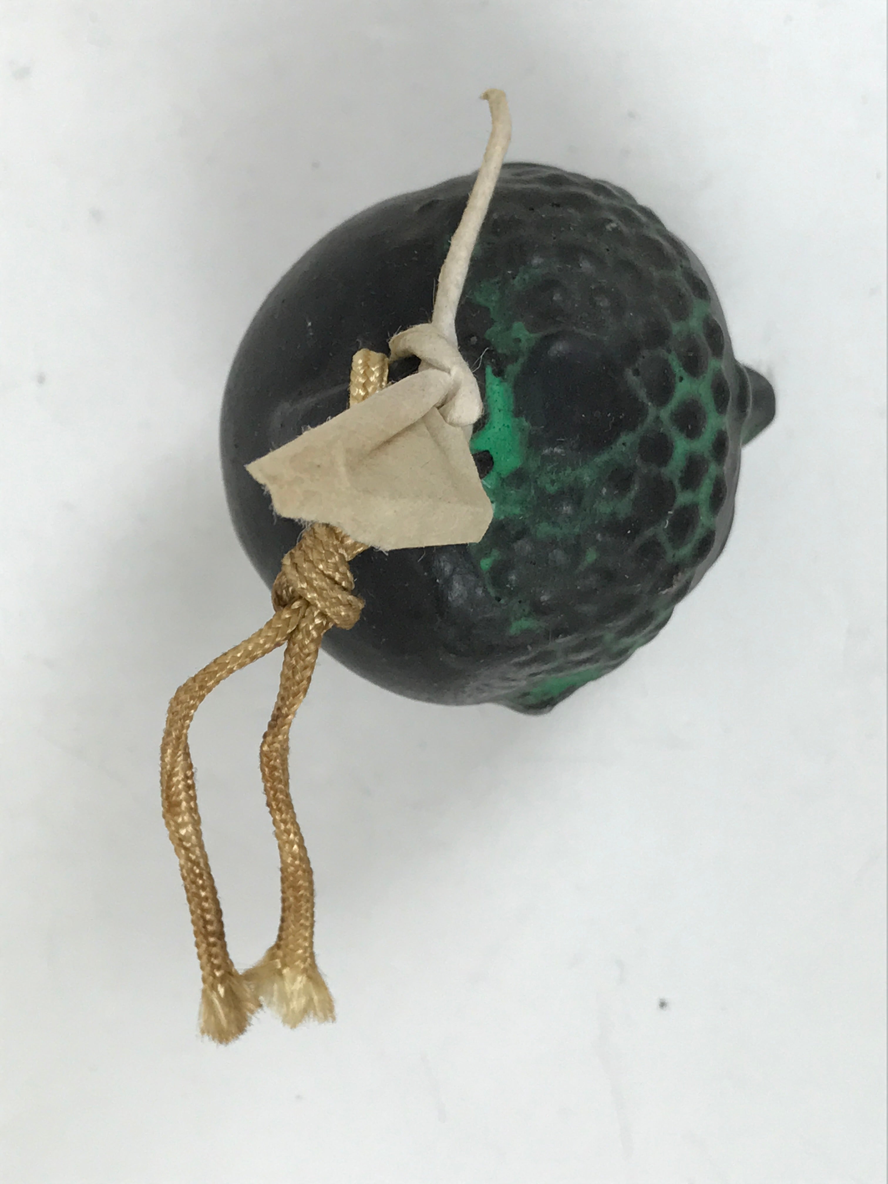 Japanese Clay Bell Dorei Vtg Tsuchi-Suzu Buddha Face Buddhist Black Green DR586