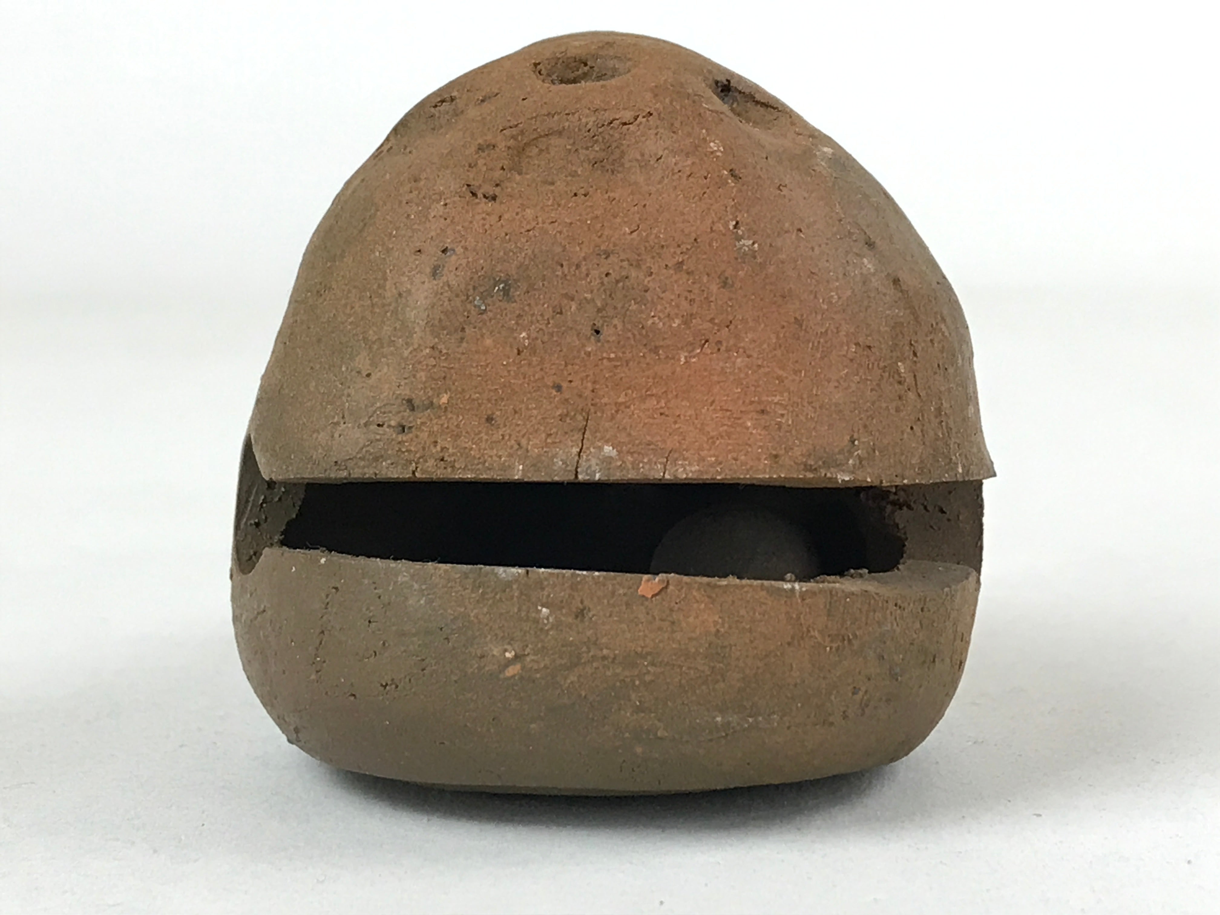 Japanese Clay Bell Dorei Vtg Tsuchi-Suzu Good Luck Mokugyo Amulet Brown DR501