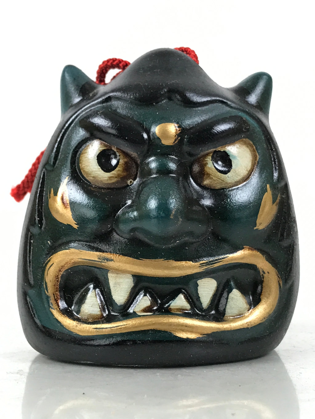 Japanese Clay Bell Dorei Vtg Tsuchi-Suzu Green Oni Demon Face Black Gold DR593