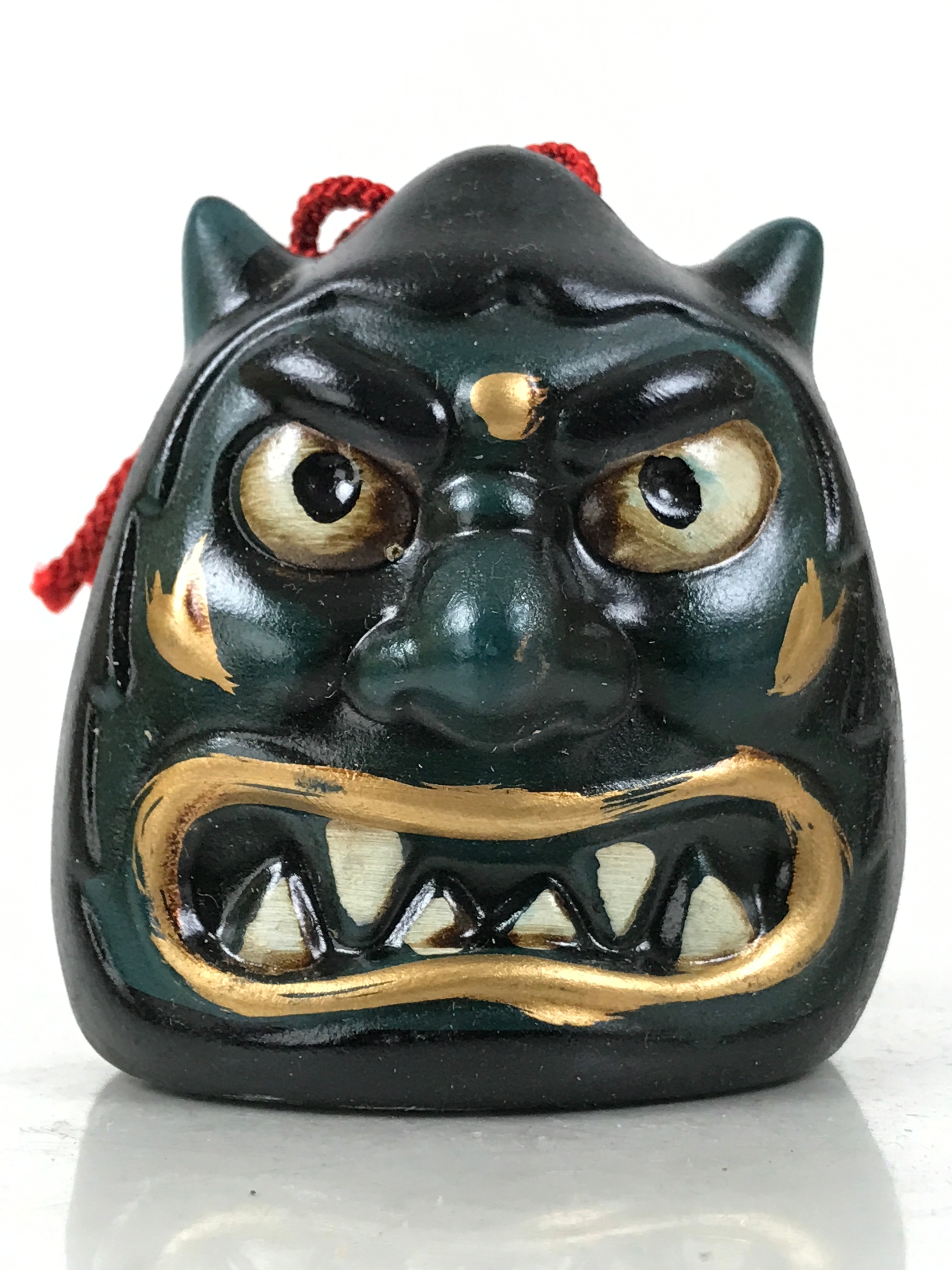 Japanese Clay Bell Dorei Vtg Tsuchi-Suzu Green Oni Demon Face Black Gold DR593