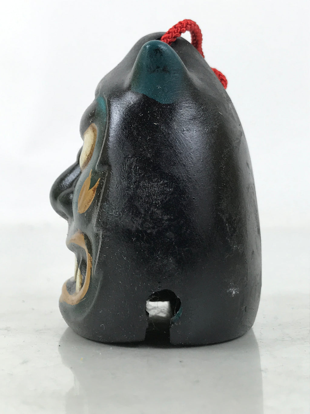 Japanese Clay Bell Dorei Vtg Tsuchi-Suzu Green Oni Demon Face Black Gold DR593