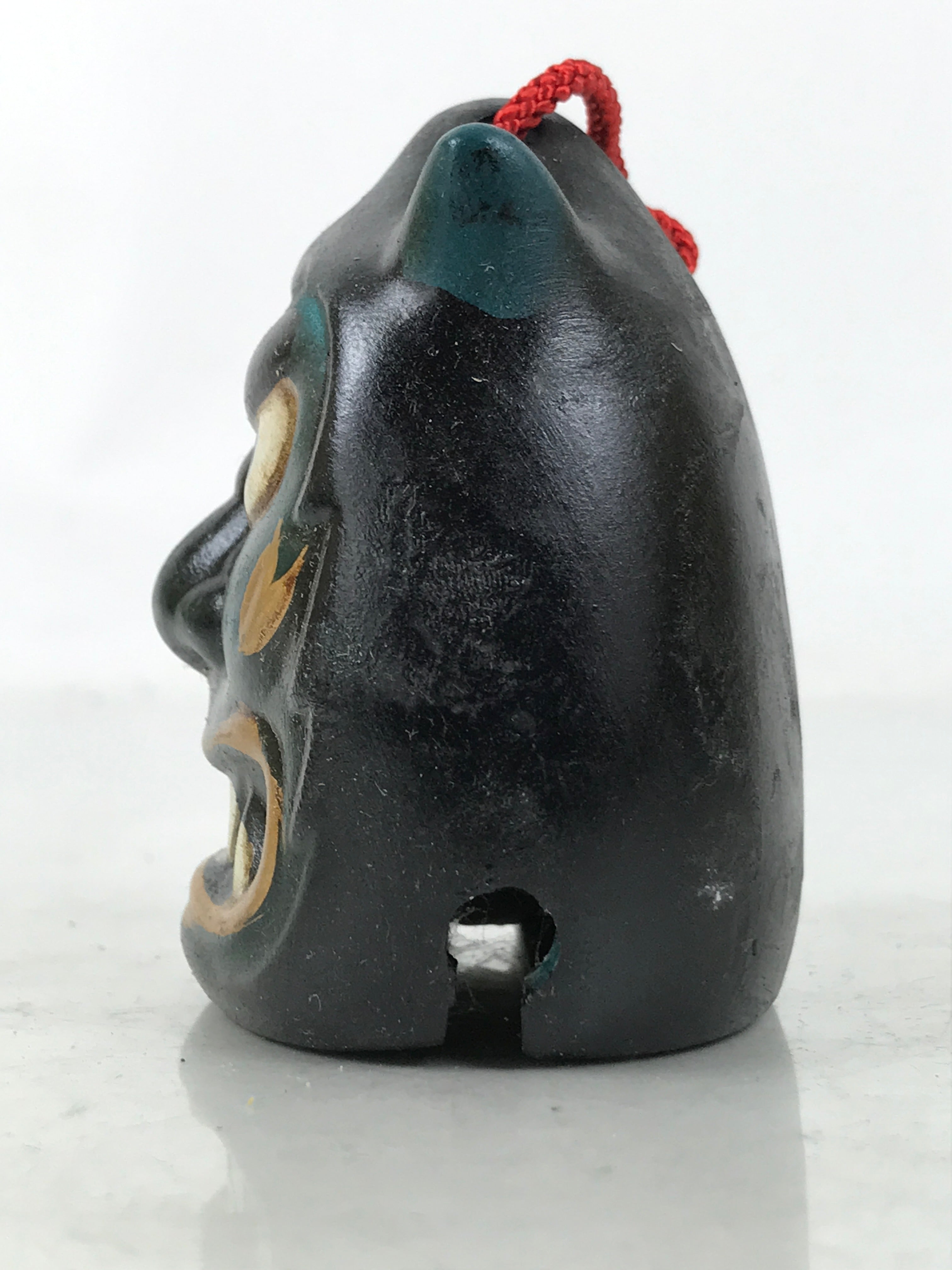 Japanese Clay Bell Dorei Vtg Tsuchi-Suzu Green Oni Demon Face Black Gold DR593