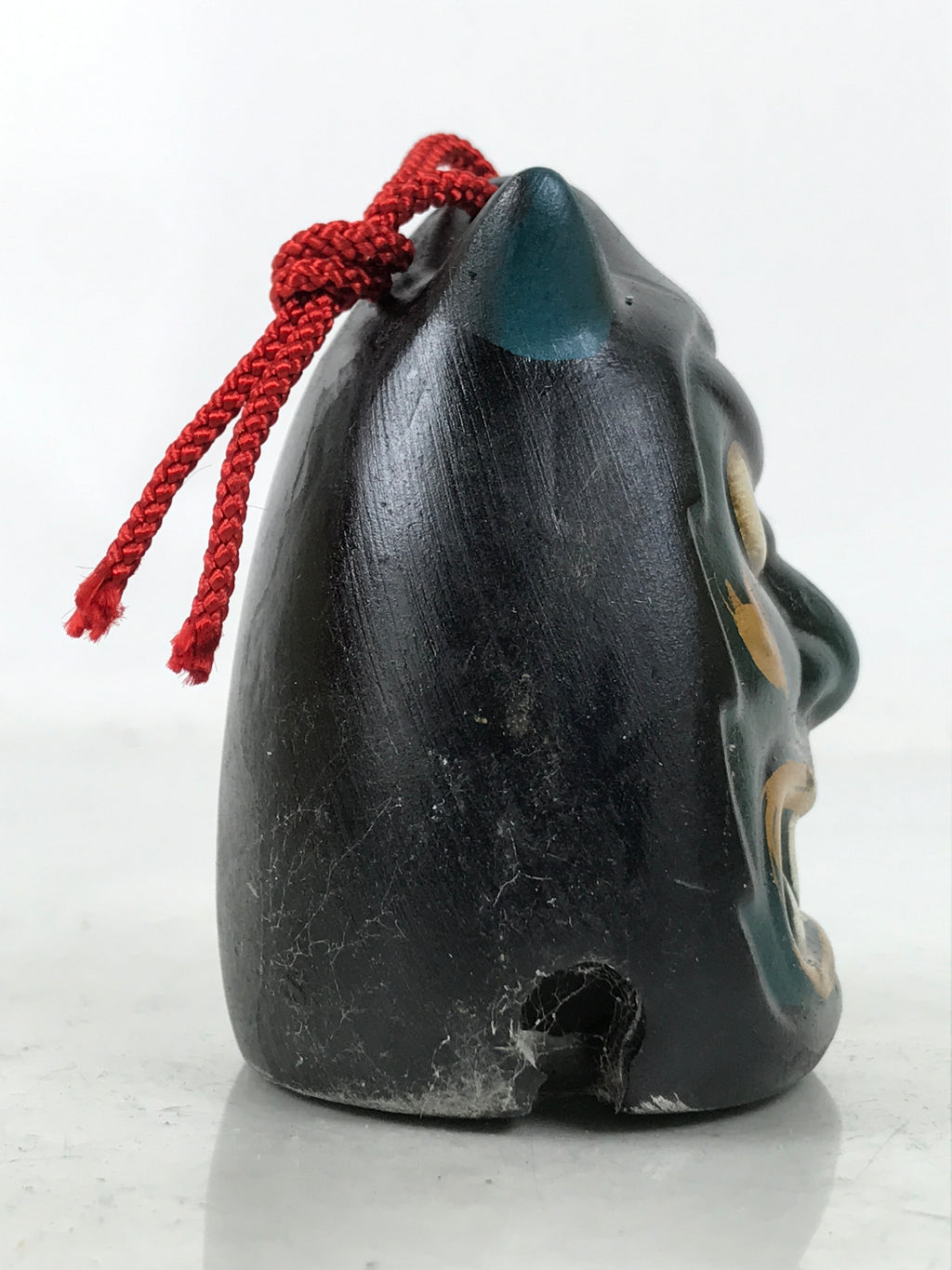 Japanese Clay Bell Dorei Vtg Tsuchi-Suzu Green Oni Demon Face Black Gold DR593