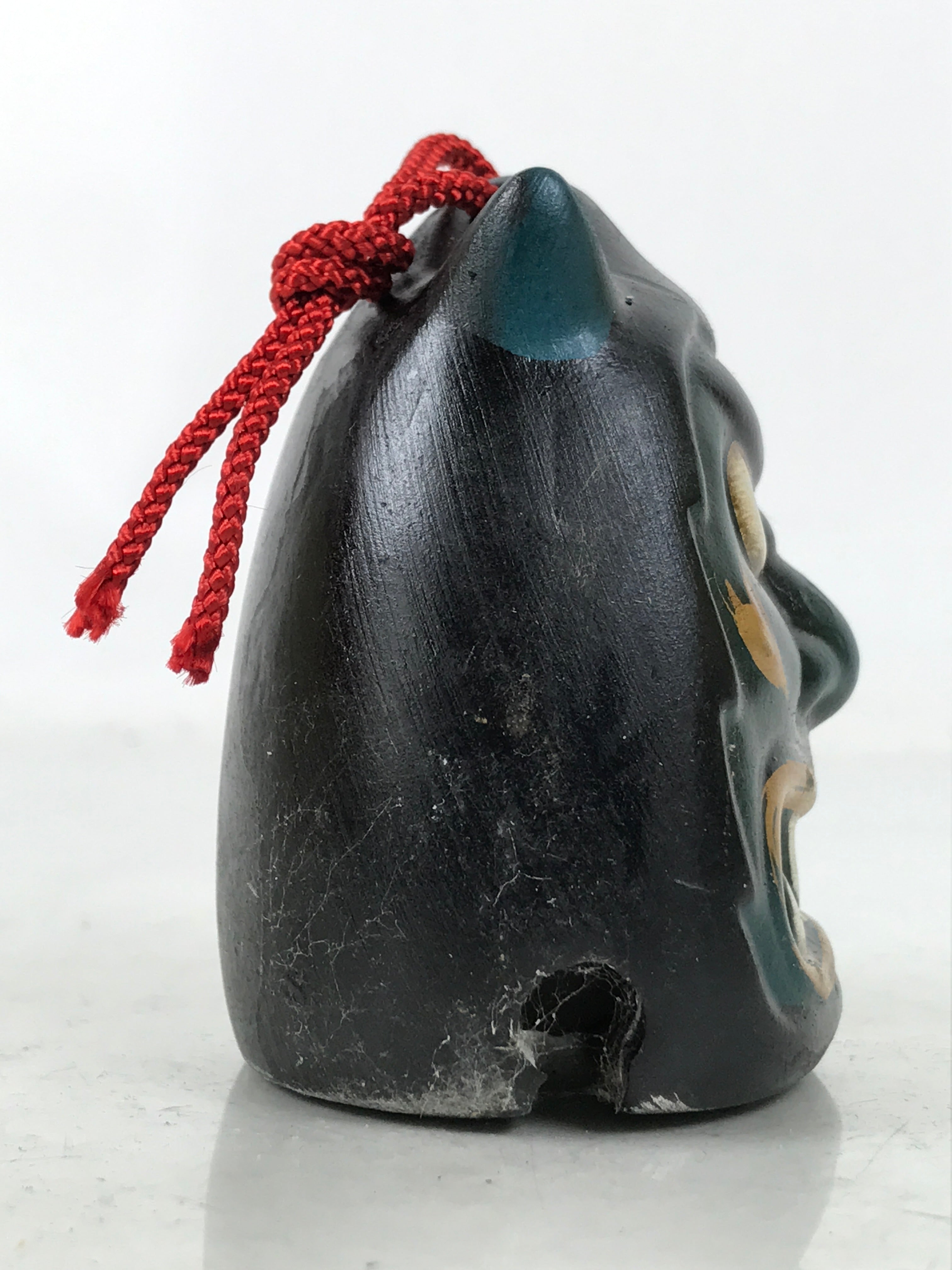 Japanese Clay Bell Dorei Vtg Tsuchi-Suzu Green Oni Demon Face Black Gold DR593