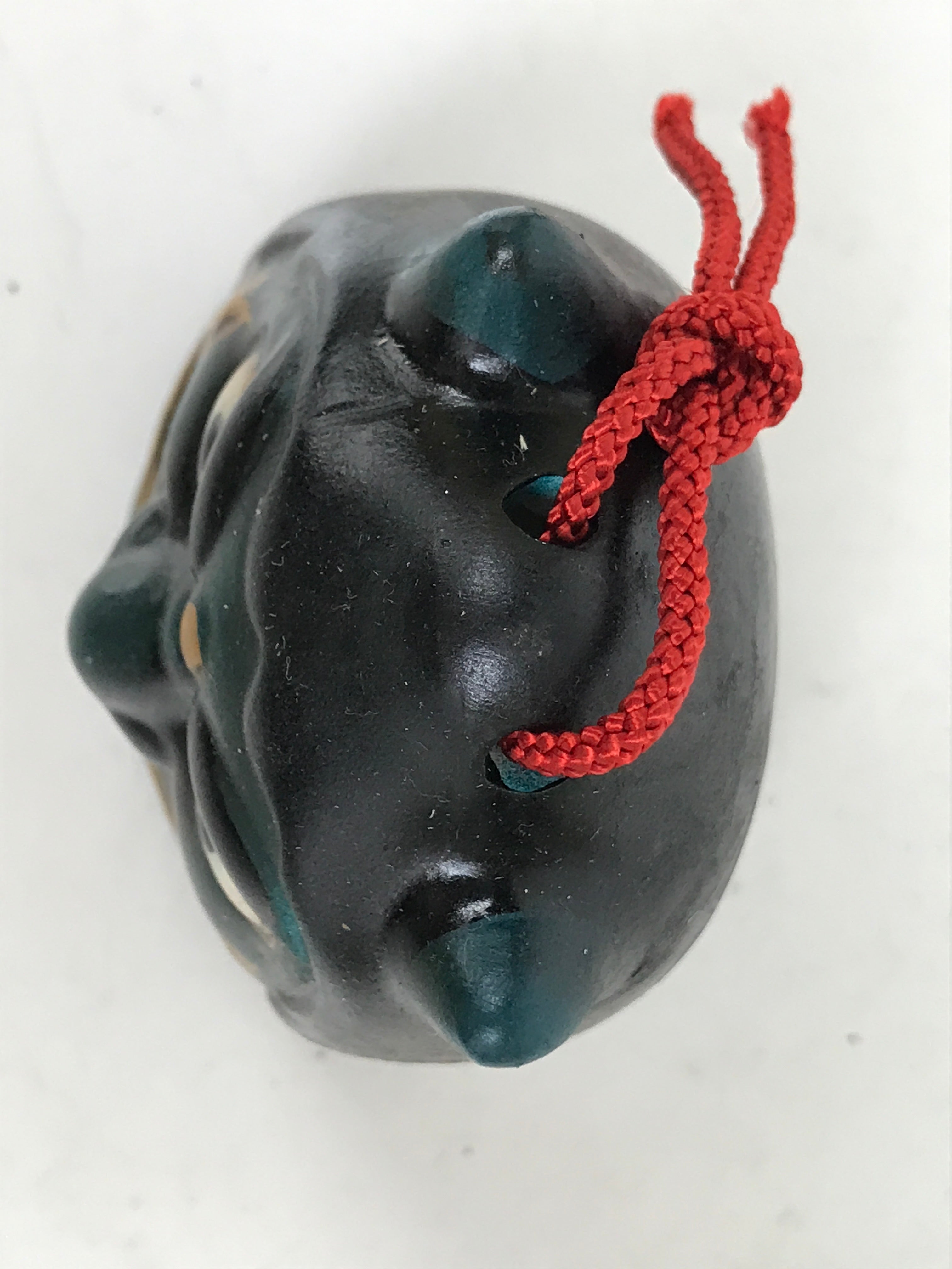 Japanese Clay Bell Dorei Vtg Tsuchi-Suzu Green Oni Demon Face Black Gold DR593
