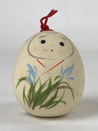 Japanese Clay Bell Dorei Vtg Tsuchi-Suzu Kimono Girl Daruma Flowers White DR502