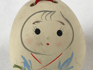 Japanese Clay Bell Dorei Vtg Tsuchi-Suzu Kimono Girl Daruma Flowers White DR502