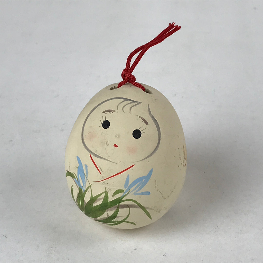 Japanese Clay Bell Dorei Vtg Tsuchi-Suzu Kimono Girl Daruma Flowers White DR502