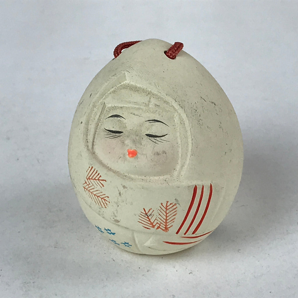 Japanese Clay Bell Dorei Vtg Tsuchi-Suzu Kimono Girl Daruma Pine White DR507