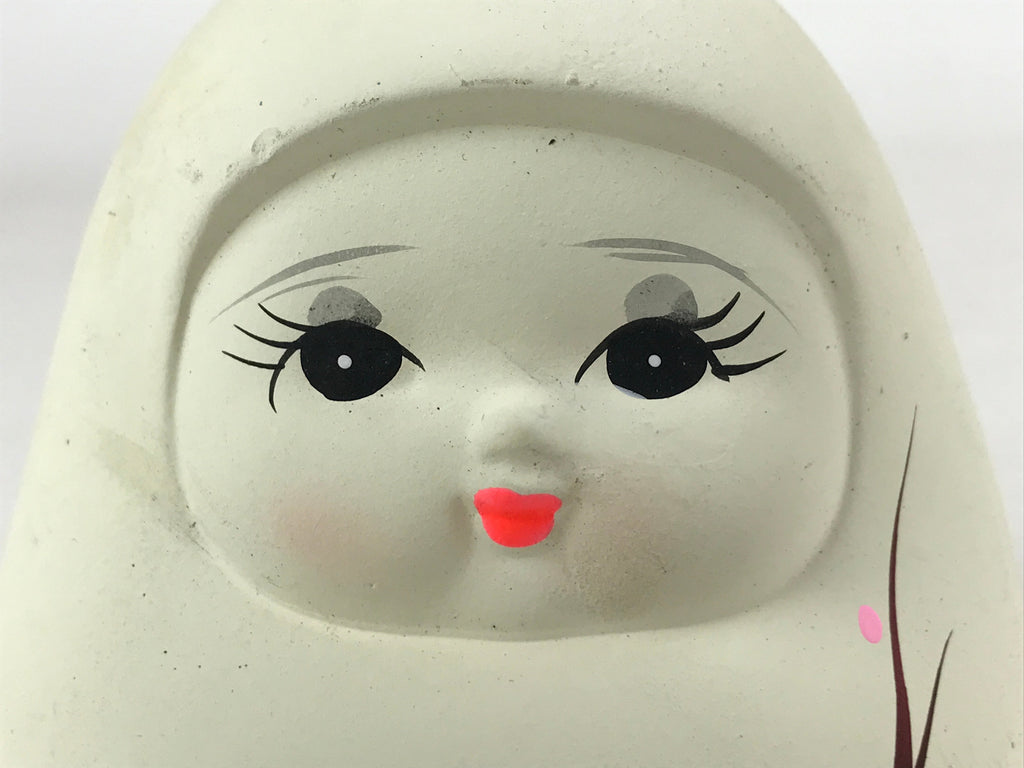 Japanese Clay Bell Dorei Vtg Tsuchi-Suzu Large Daruma White Plum Blossom DR522