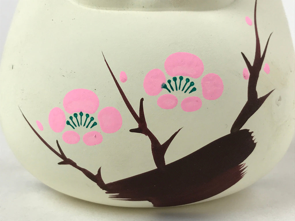 Japanese Clay Bell Dorei Vtg Tsuchi-Suzu Large Daruma White Plum Blossom DR522
