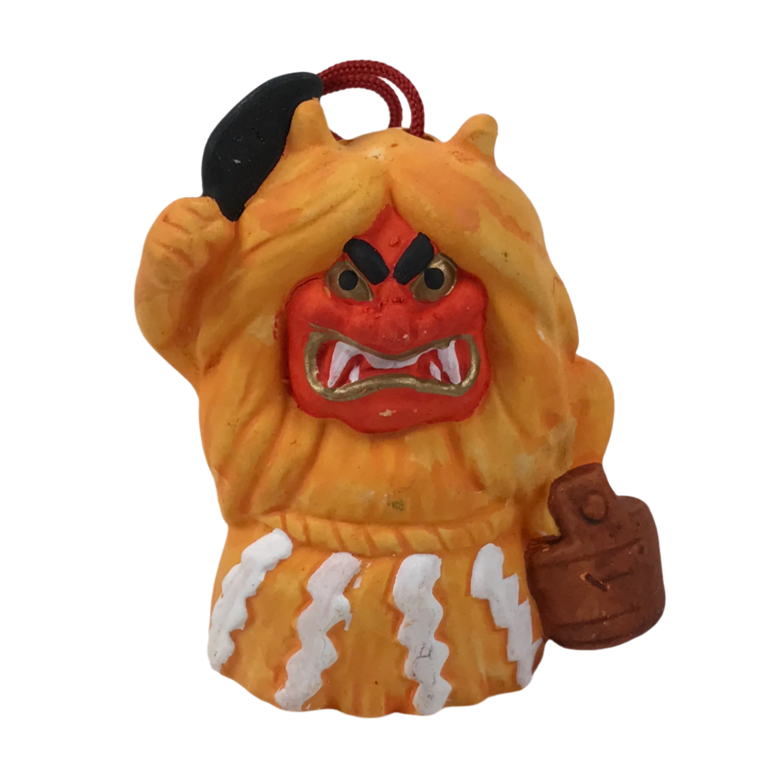 Japanese Clay Bell Dorei Vtg Tsuchi-Suzu Namahage Demon Oni Akita Orange DR585