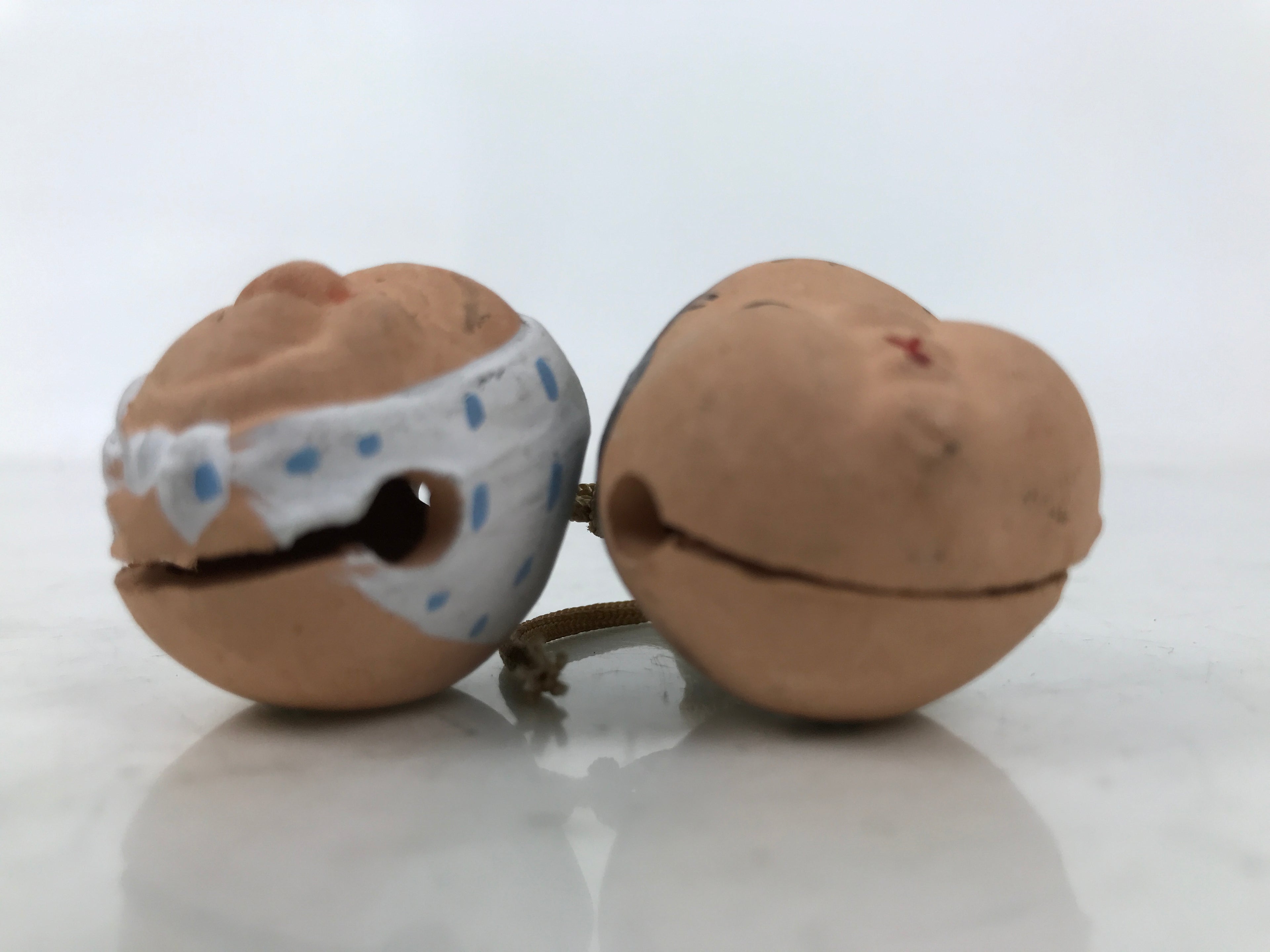 Japanese Clay Bell Dorei Vtg Tsuchi-Suzu Pair Okame Hyottoko People Face DR583